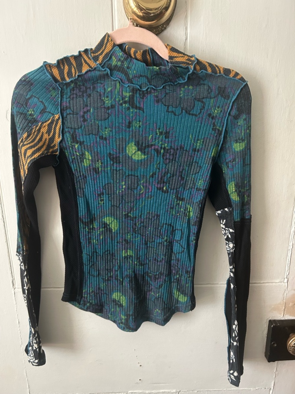 Free People Mixed Print Ribbed Long Sleeve Top in Teal, Black, Gold
